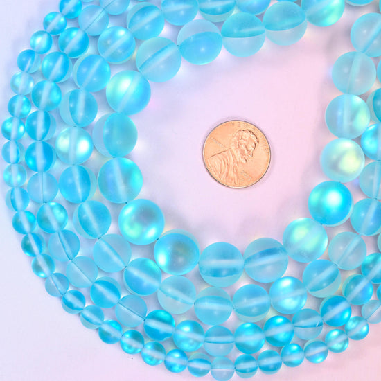 Mystic Aura Matte Light Blue Round Glass Beads: Iridescent Jewelry Making Supply