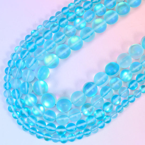 Mystic Aura Matte Light Blue Round Glass Beads: Iridescent Jewelry Making Supply