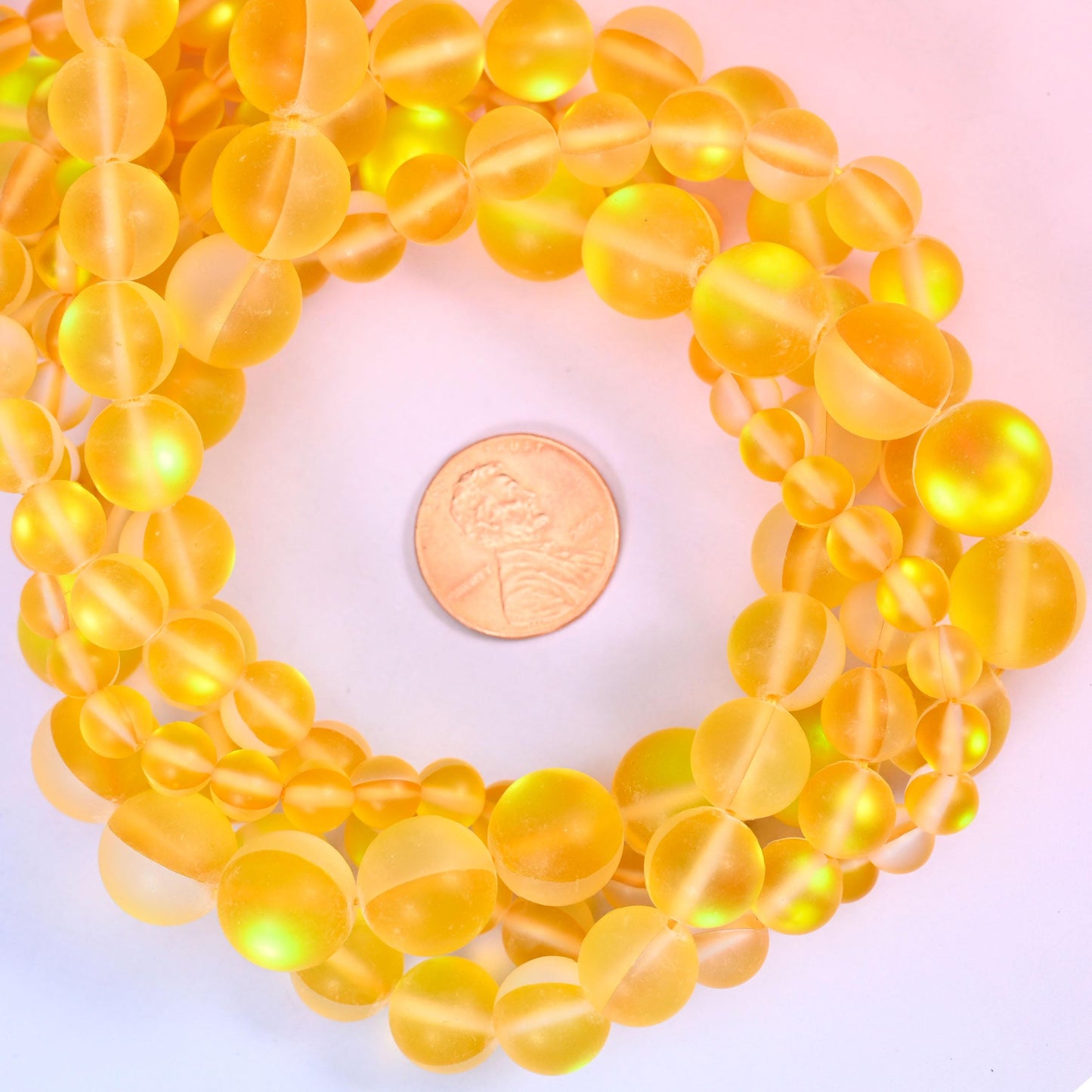 Mystic Aura Matte Yellow Round Glass Beads: Iridescent Jewelry Making Supply