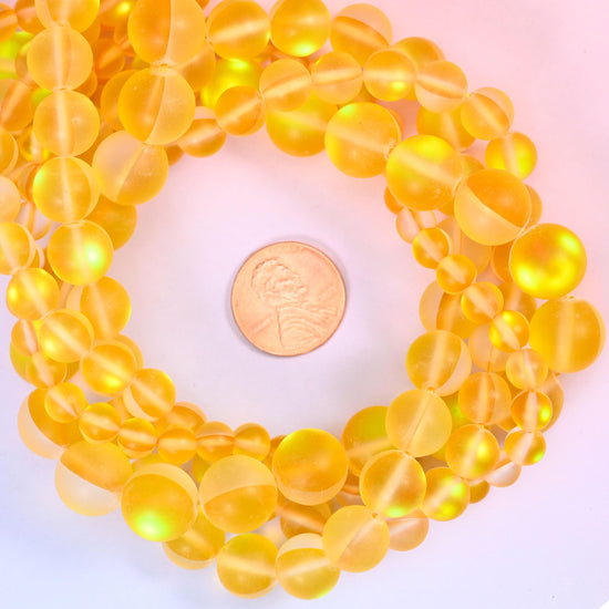Mystic Aura Matte Yellow Round Glass Beads: Iridescent Jewelry Making Supply