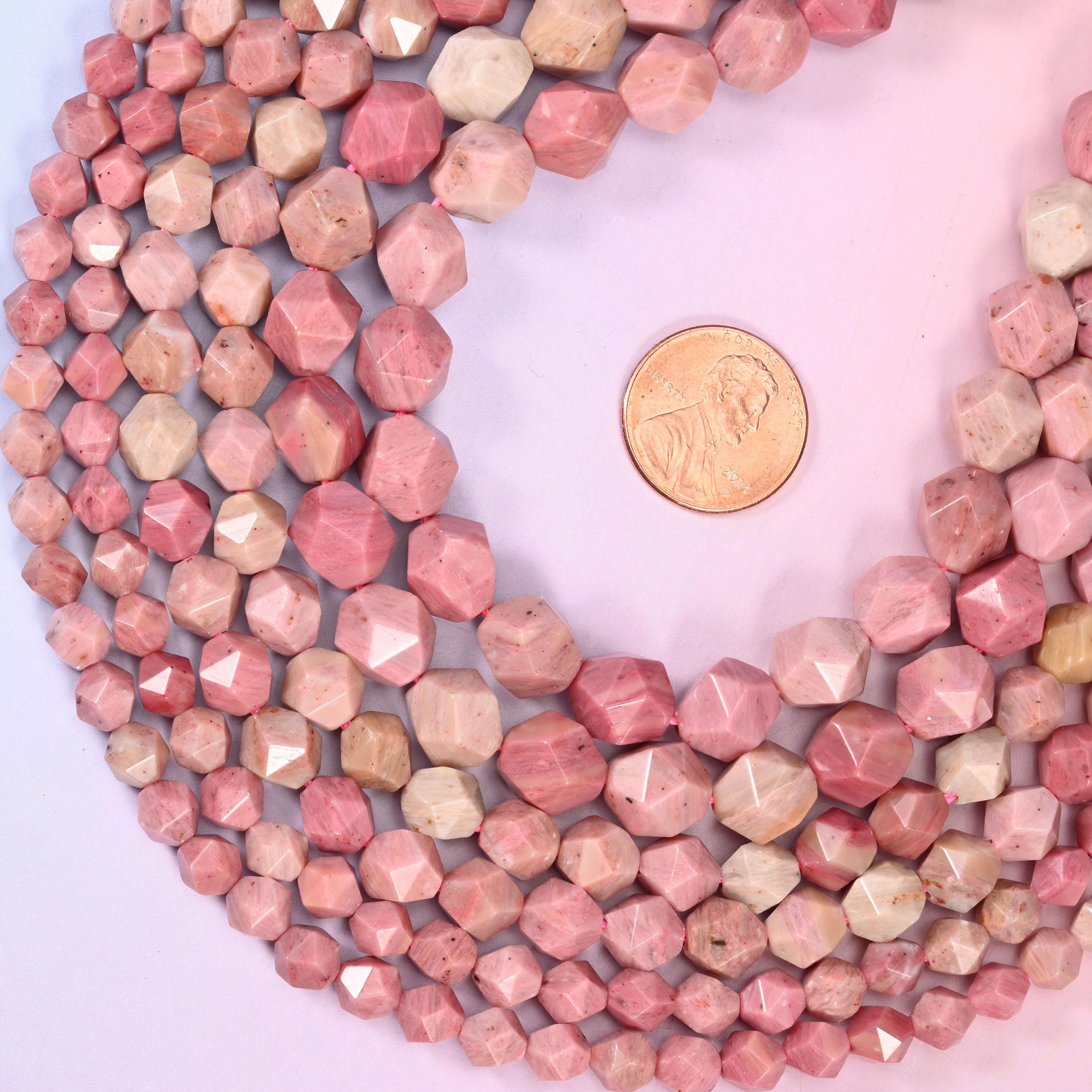 Pink Rhodonite Beads: Faceted Diamond Star Cut, 6-10mm, 15.5 inch Strand