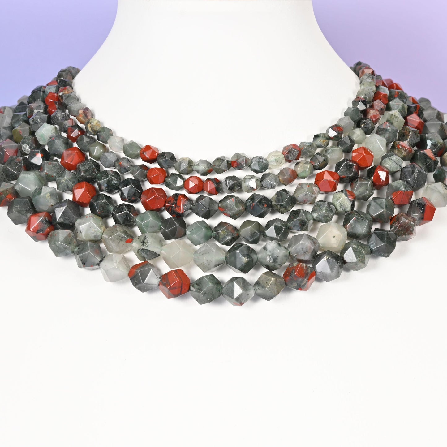 African Bloodstone Beads: Faceted Diamond Star Cut, 6-10mm, 15.5 inch Strand