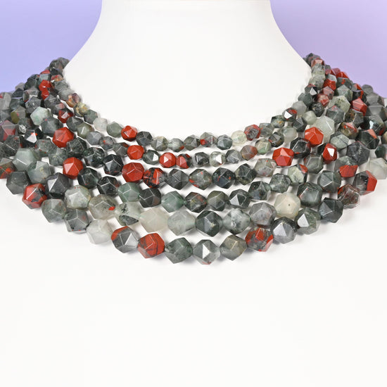African Bloodstone Beads: Faceted Diamond Star Cut, 6-10mm, 15.5 inch Strand