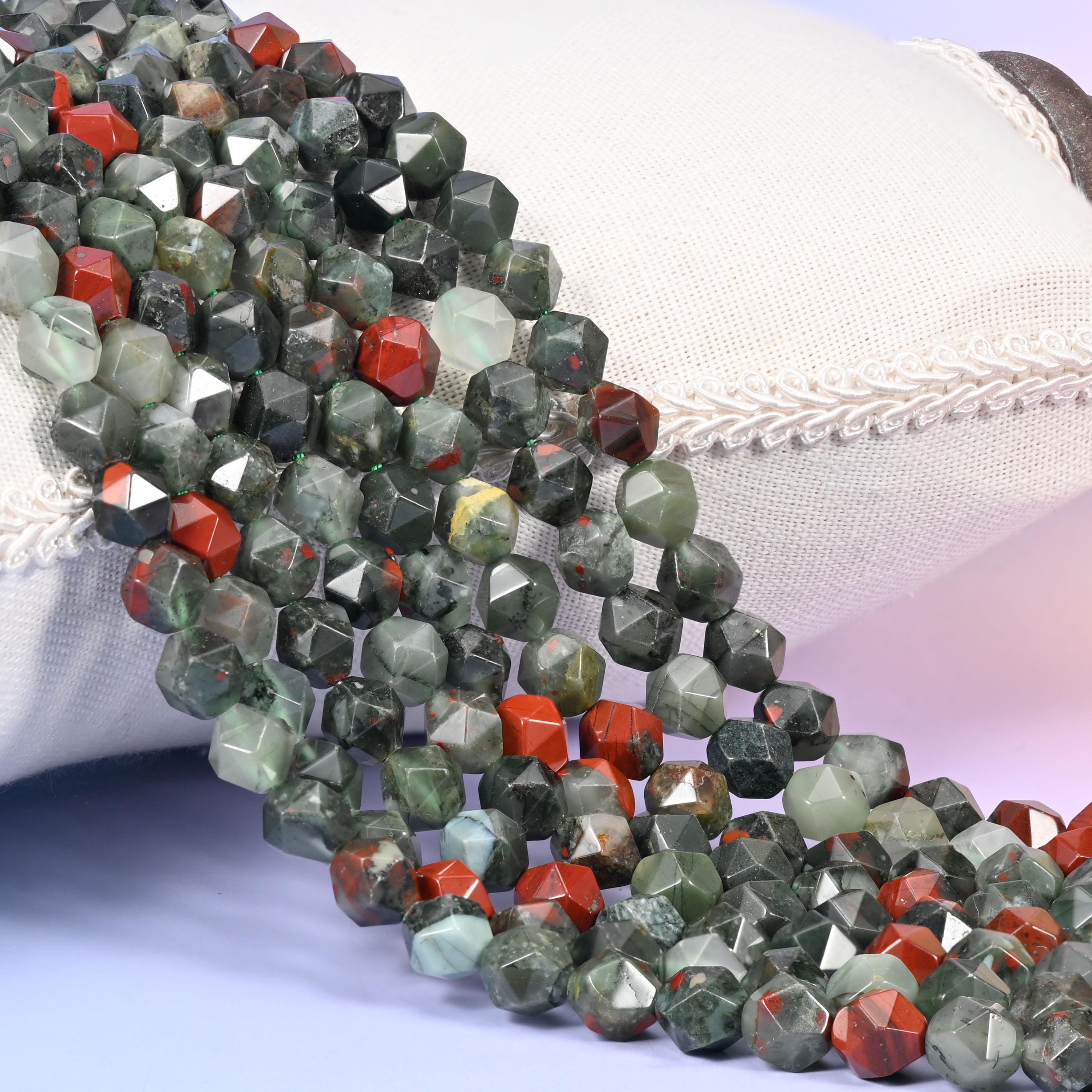 African Bloodstone Beads: Faceted Diamond Star Cut, 6-10mm, 15.5 inch Strand