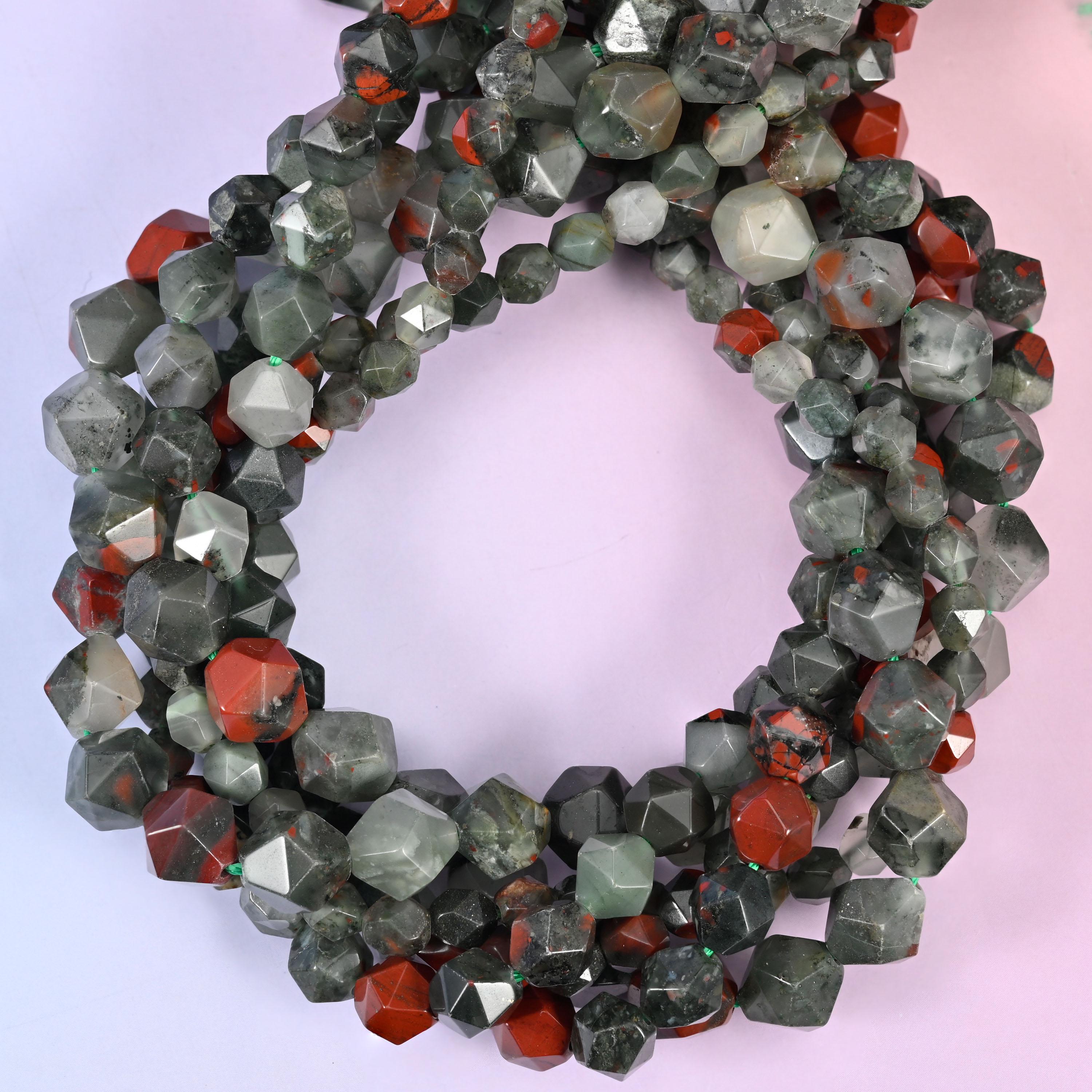 African Bloodstone Beads: Faceted Diamond Star Cut, 6-10mm, 15.5 inch Strand