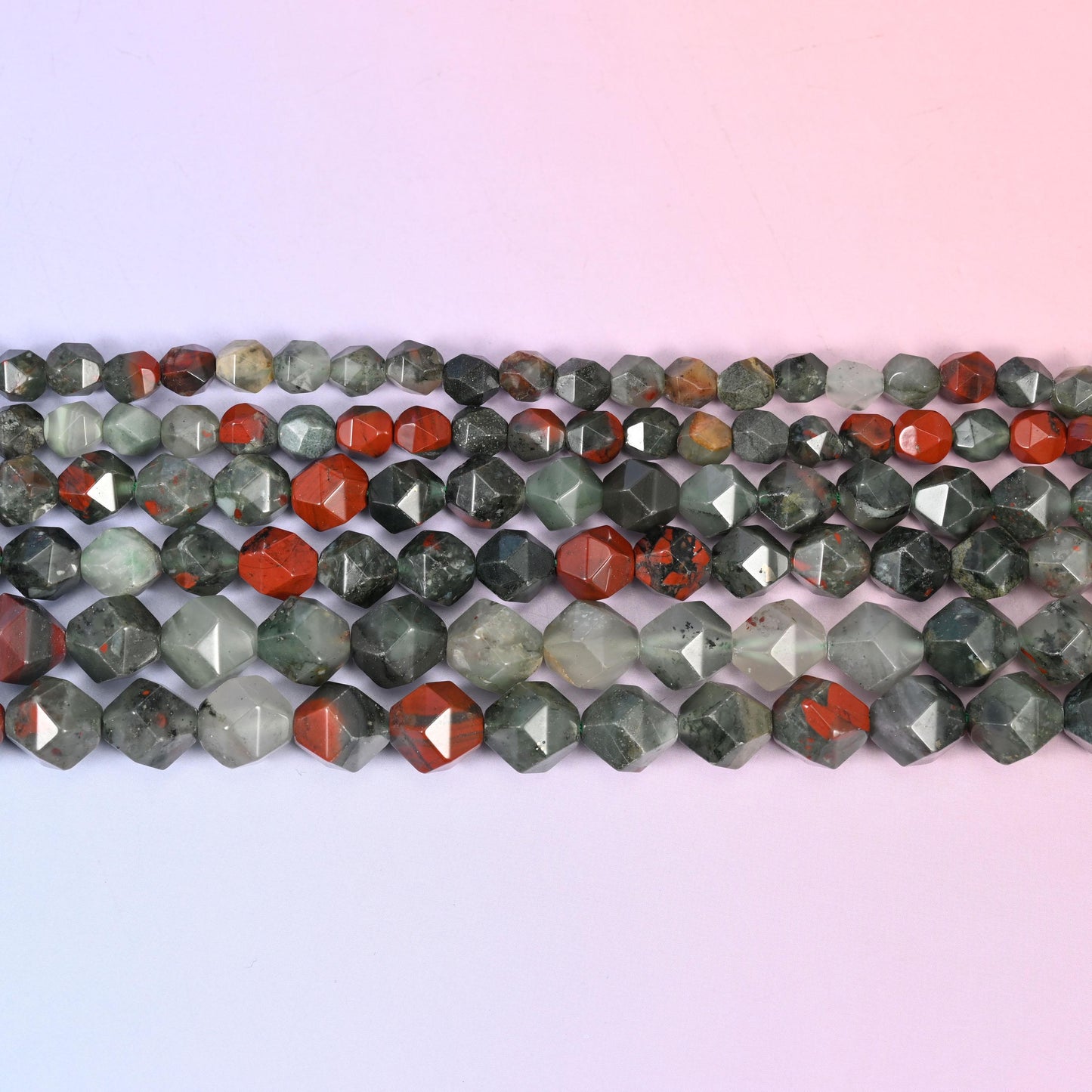 African Bloodstone Beads: Faceted Diamond Star Cut, 6-10mm, 15.5 inch Strand