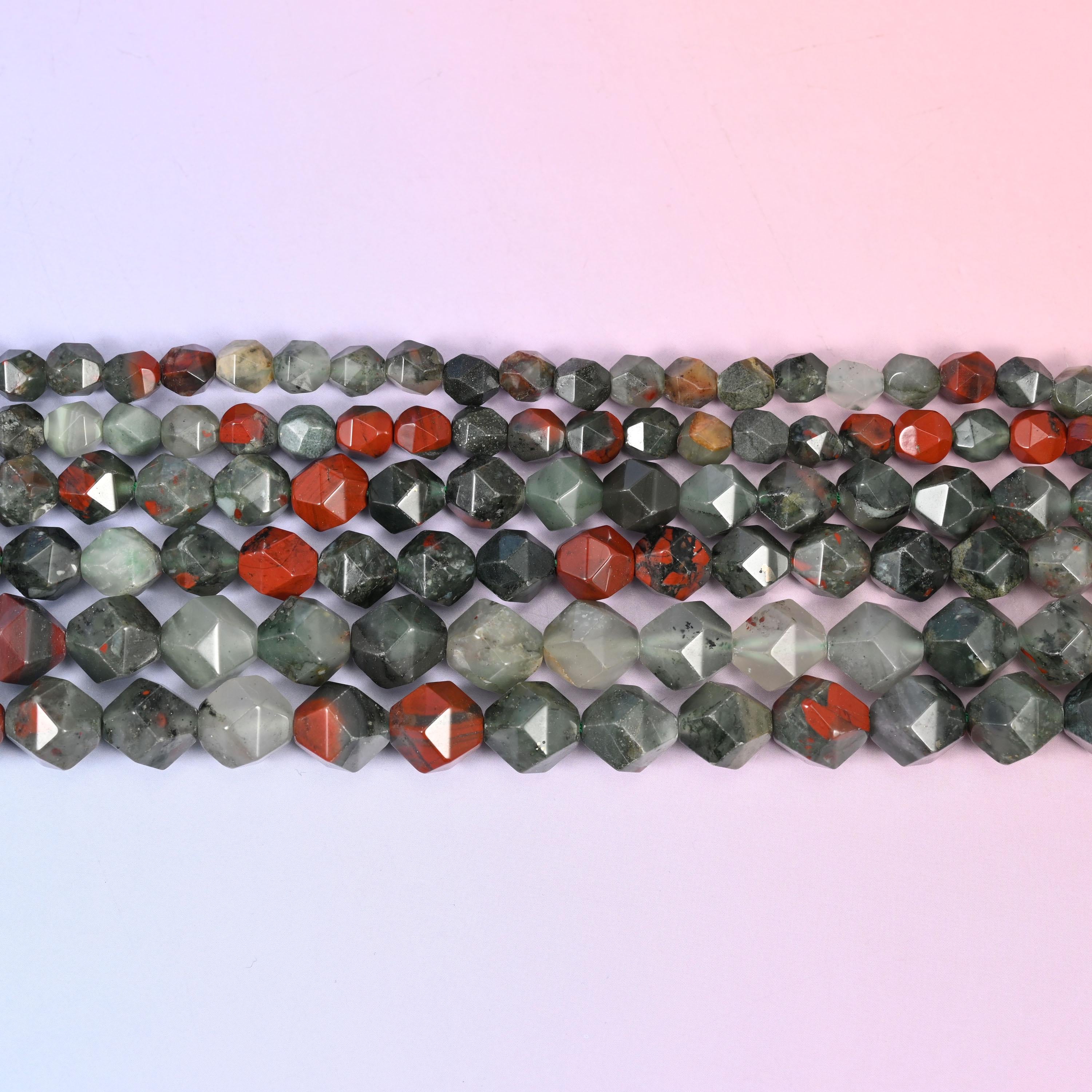 African Bloodstone Beads: Faceted Diamond Star Cut, 6-10mm, 15.5 inch Strand