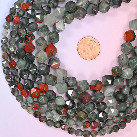 African Bloodstone Beads: Faceted Diamond Star Cut, 6-10mm, 15.5 inch Strand