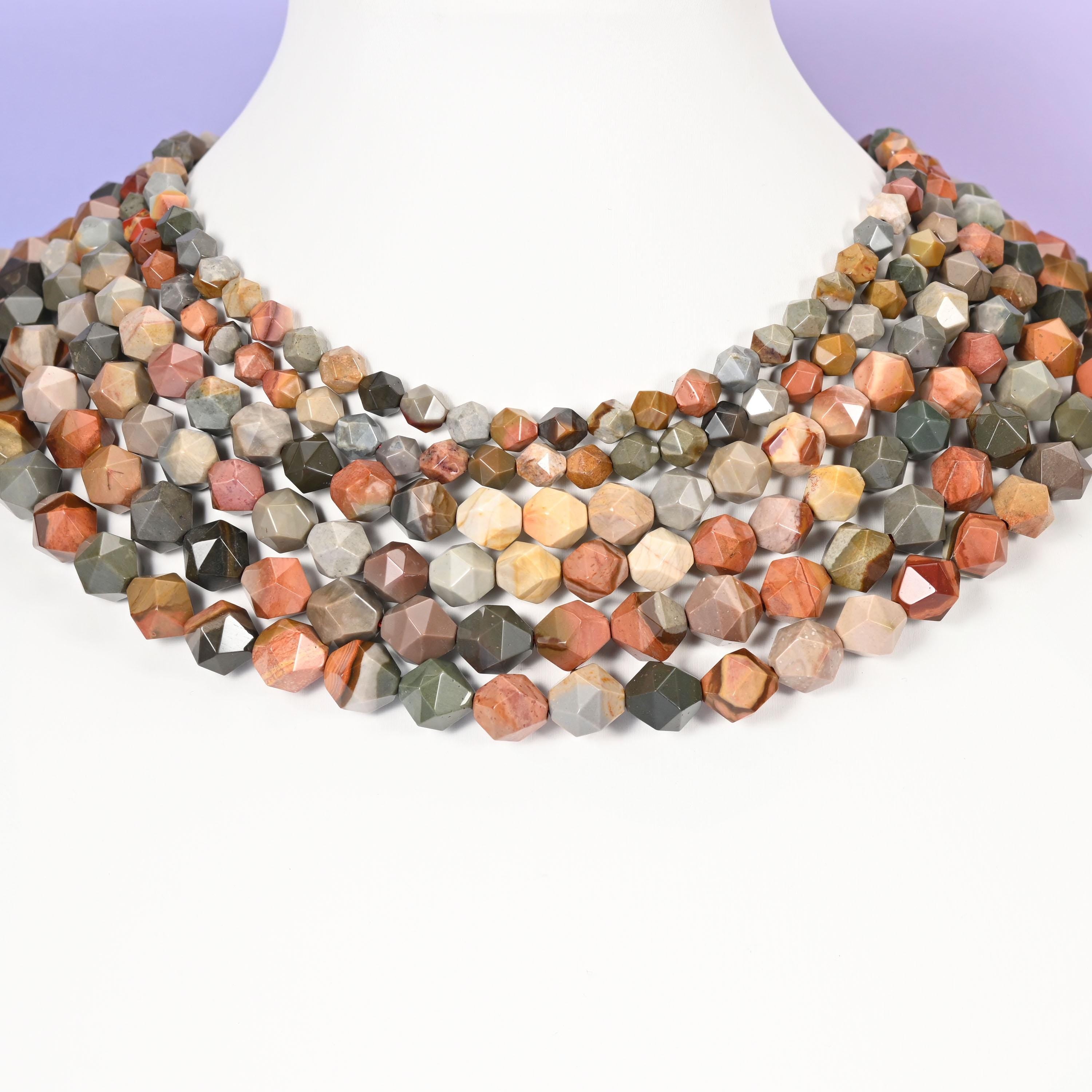 American Picture Jasper Beads: Faceted Diamond Star Cut, 6-10mm, 15.5 inch Strand