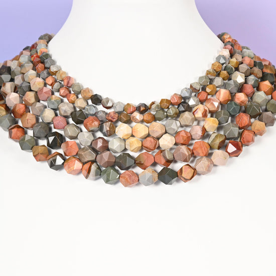 American Picture Jasper Beads: Faceted Diamond Star Cut, 6-10mm, 15.5 inch Strand