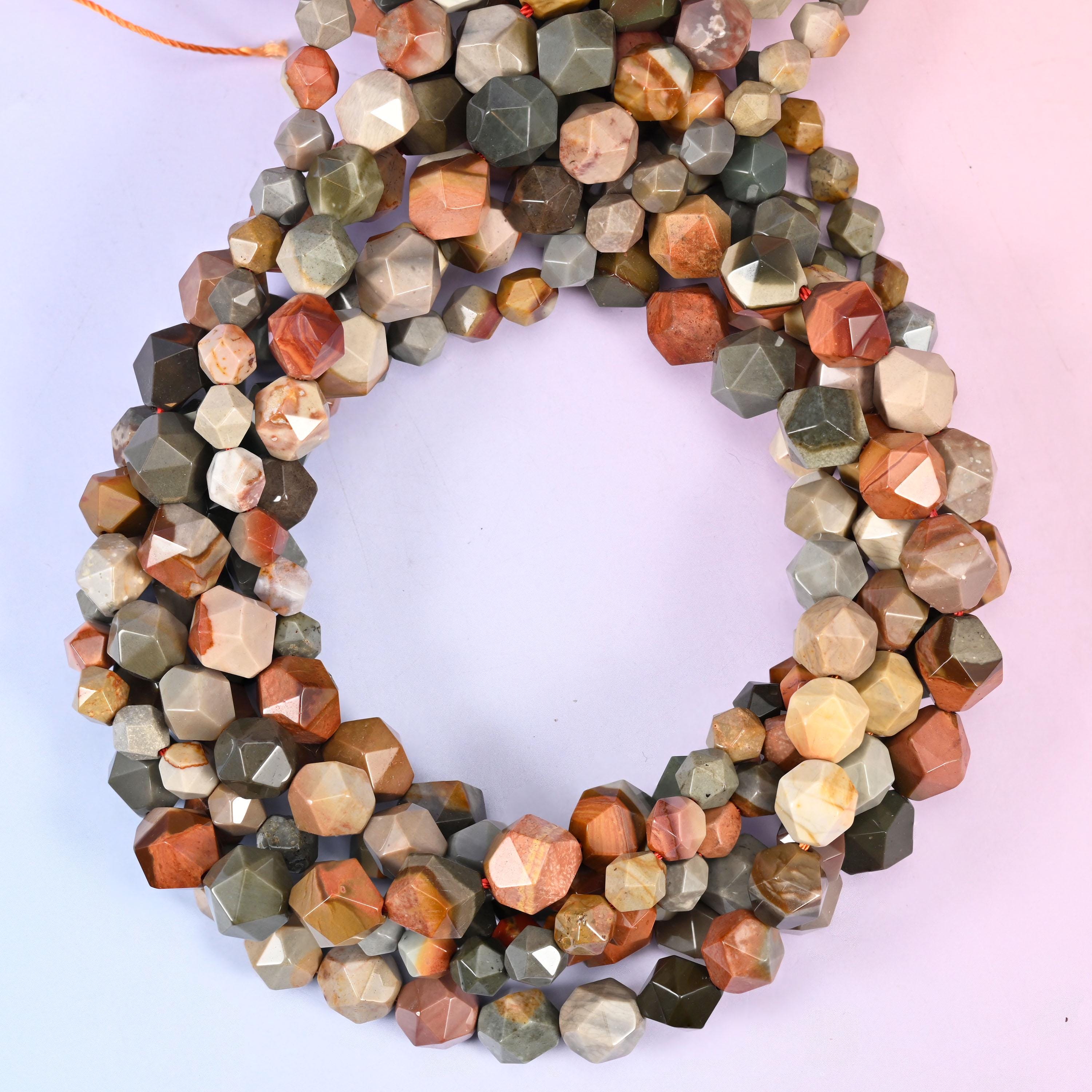 American Picture Jasper Beads: Faceted Diamond Star Cut, 6-10mm, 15.5 inch Strand