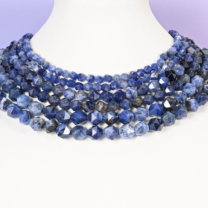 Blue Sodalite Beads: Faceted Diamond Star Cut, 6-10mm, 15.5 inch Strand