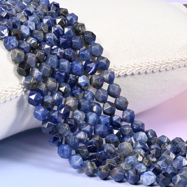 Blue Sodalite Beads: Faceted Diamond Star Cut, 6-10mm, 15.5 inch Strand