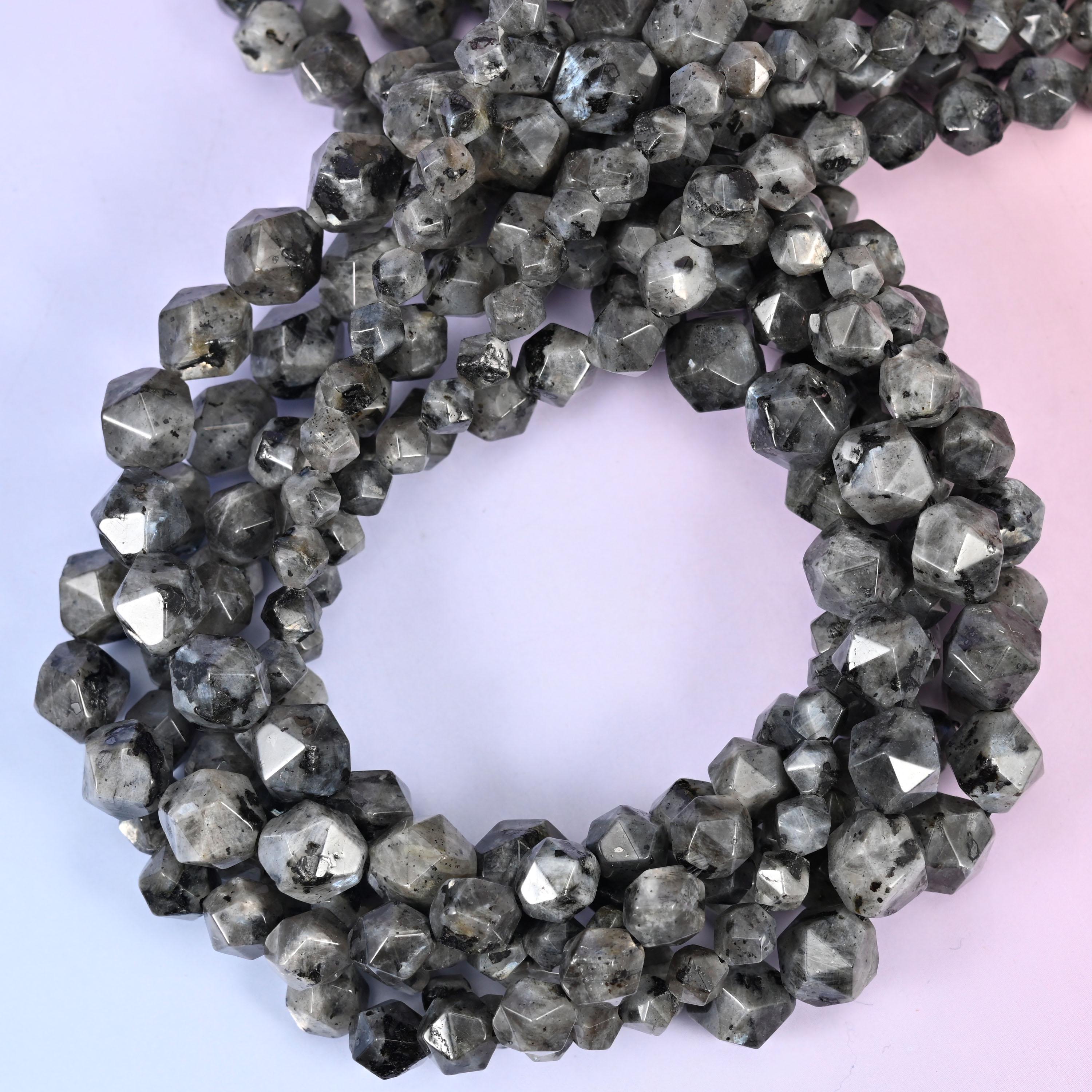 Black Labradorite Beads: Faceted Diamond Star Cut, 6-10mm, 15.5 inch Strand