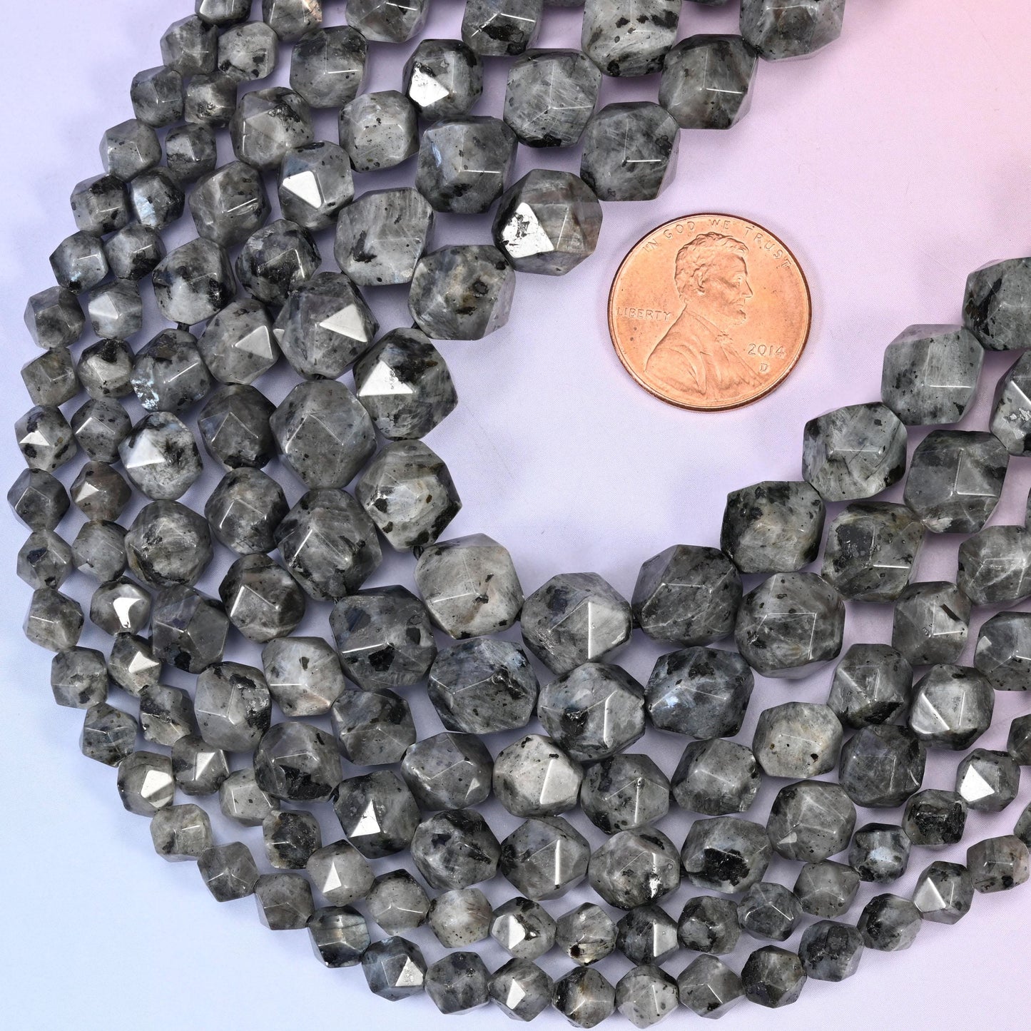 Black Labradorite Beads: Faceted Diamond Star Cut, 6-10mm, 15.5 inch Strand
