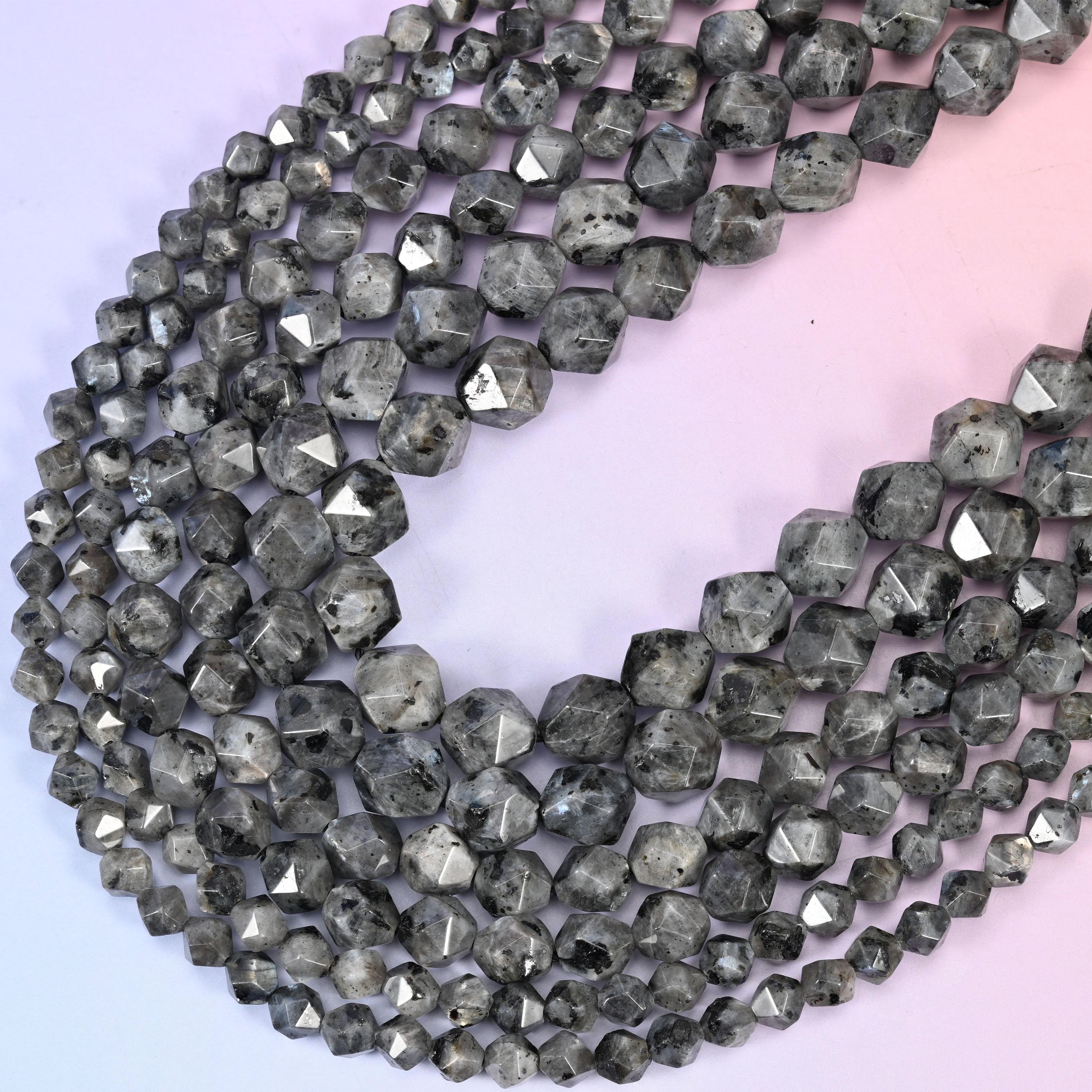 Black Labradorite Beads: Faceted Diamond Star Cut, 6-10mm, 15.5 inch Strand