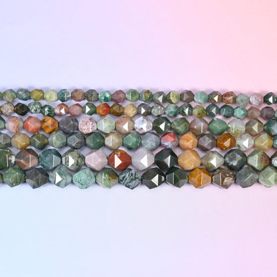 Indian Agate Beads: Faceted Diamond Star Cut, 6-10mm, 15.5 inch Strand