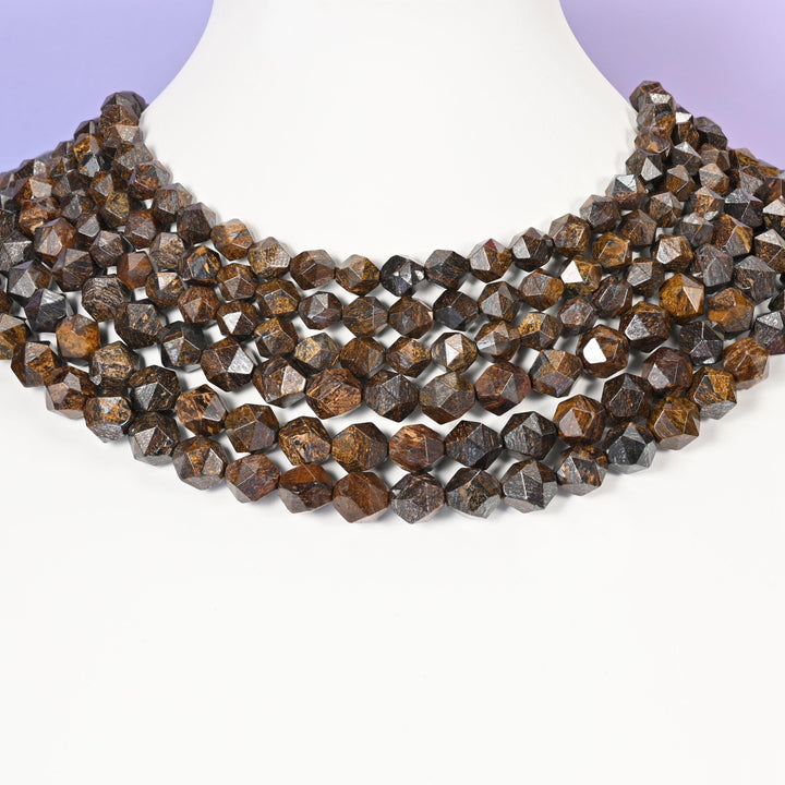 Bronzite Beads: Faceted Diamond Star Cut, 6-10mm, 15.5 inch Strand