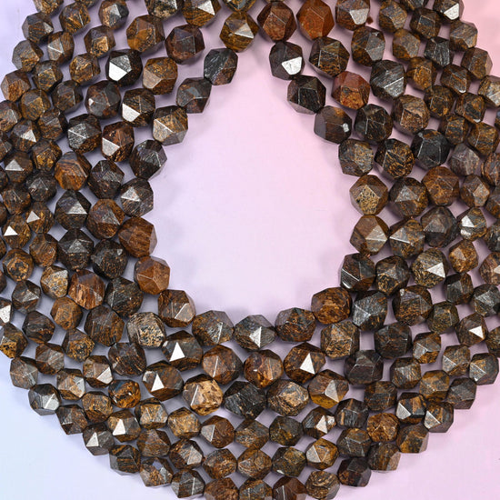 Bronzite Beads: Faceted Diamond Star Cut, 6-10mm, 15.5 inch Strand