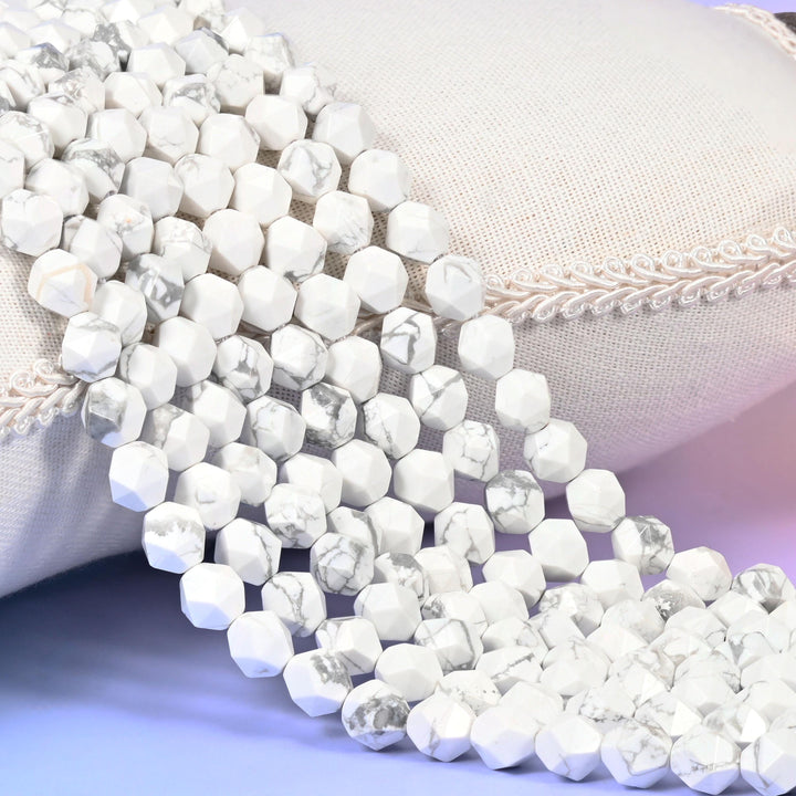White Howlite Beads: Faceted Diamond Star Cut, 6-10mm, 15.5 inch Strand