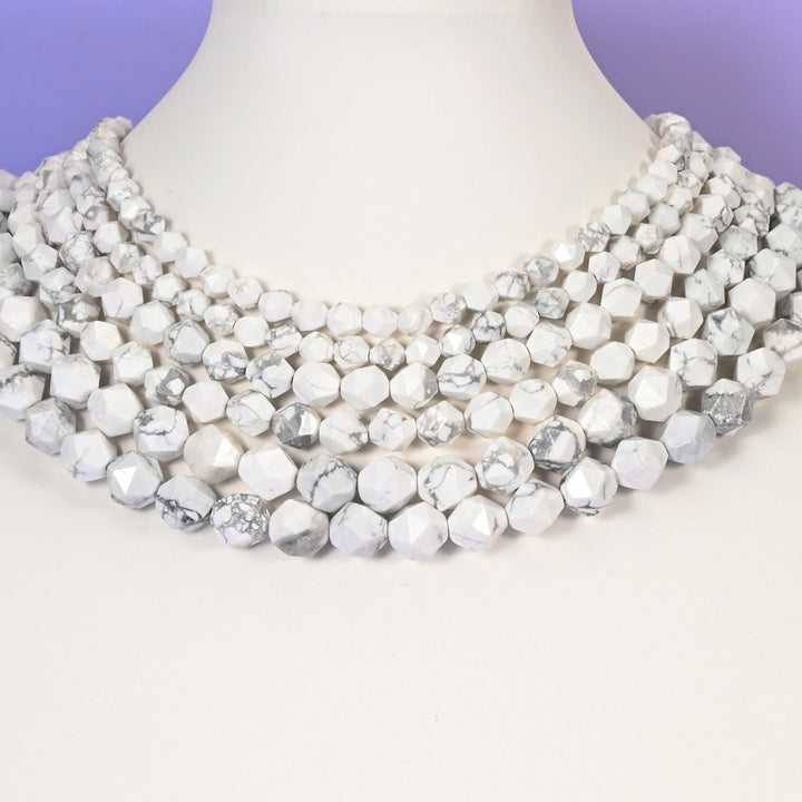 White Howlite Beads: Faceted Diamond Star Cut, 6-10mm, 15.5 inch Strand