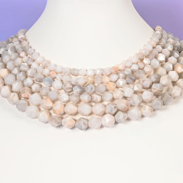 White Crazy Agate Beads: Faceted Diamond Star Cut, 6-10mm, 15.5 inch Strand