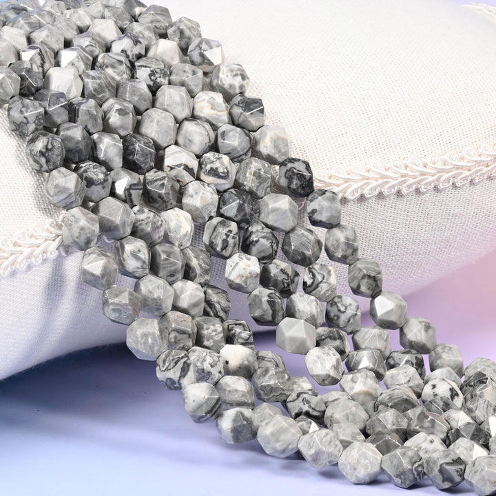 Map Jasper Beads: Faceted Diamond Star Cut, 6-10mm, 15.5 inch Strand