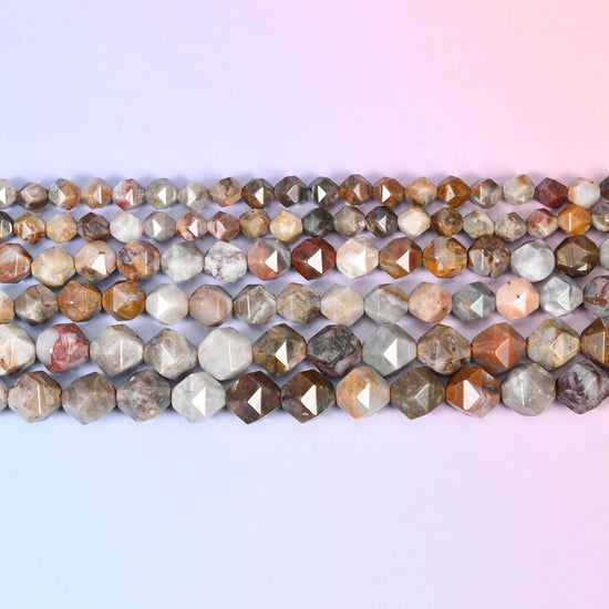Gobi Desert Agate Beads: Faceted Diamond Star Cut, 6-10mm, 15.5 inch Strand