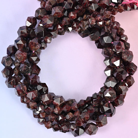 Red Garnet Beads: Faceted Diamond Star Cut, 6-10mm, 15.5 inch Strand