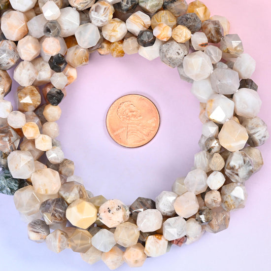 Bamboo Agate Beads: Faceted Diamond Star Cut, 6-10mm, 15.5 inch Strand