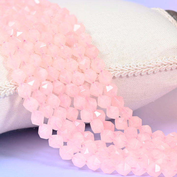 Rose Quartz Beads: Faceted Diamond Star Cut, 6-10mm, 15.5 inch Strand