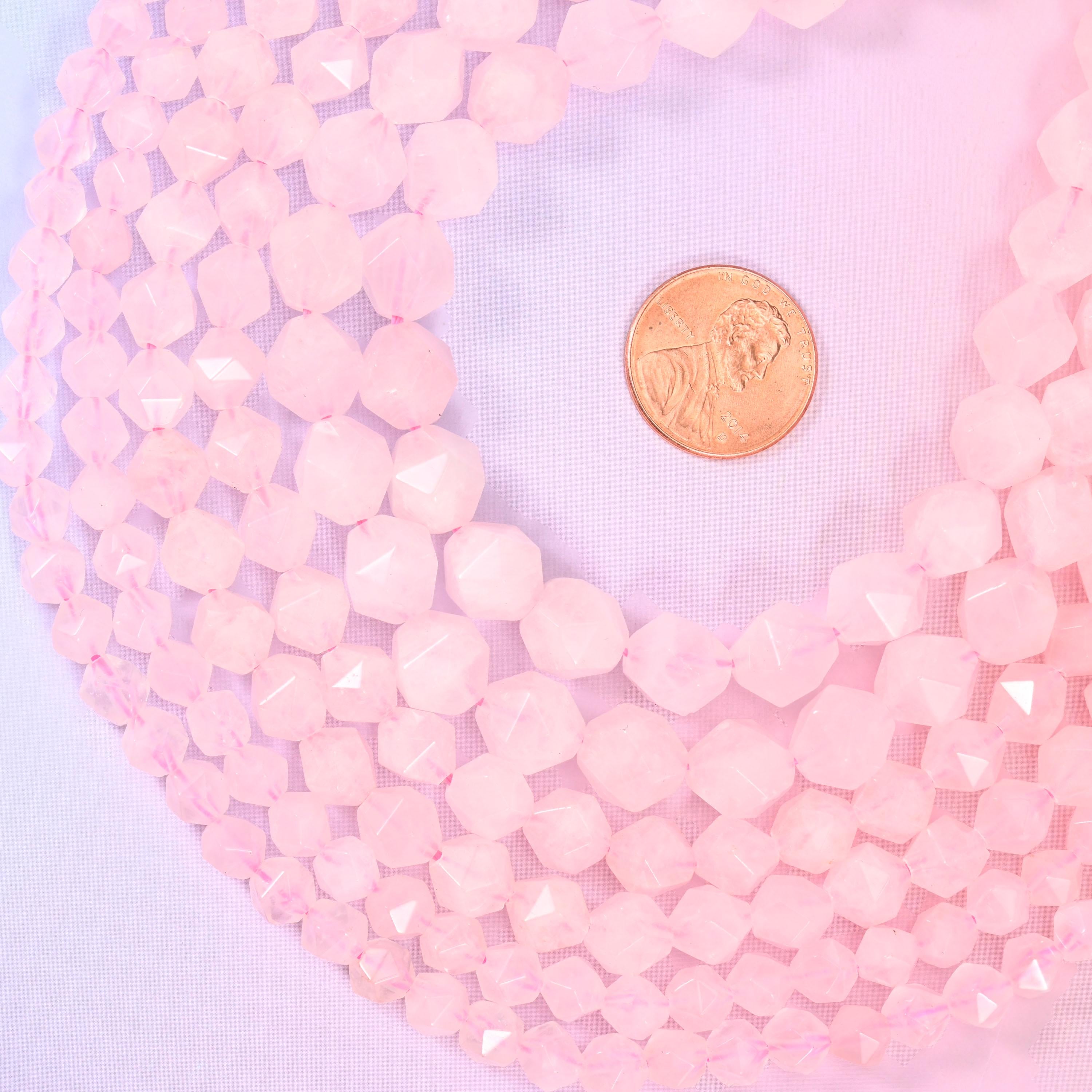 Rose Quartz Beads: Faceted Diamond Star Cut, 6-10mm, 15.5 inch Strand