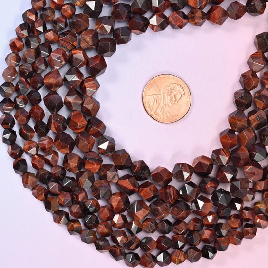 Red Tiger Eye Beads: Faceted Diamond Star Cut, 6-10mm, 15.5 inch Strand