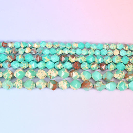 Green Shoushan Stone Beads: Faceted Diamond Star Cut, 6-10mm, 15.5 inch Strand
