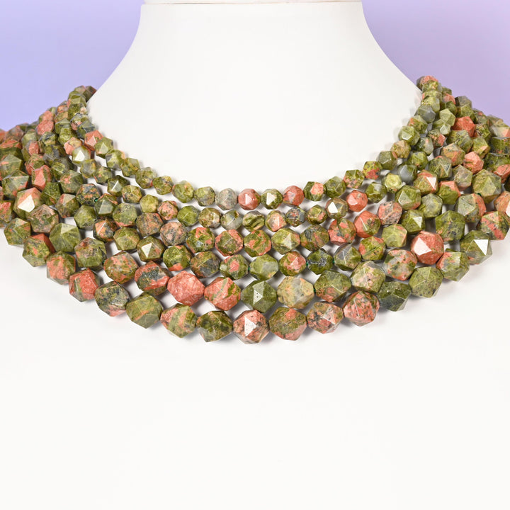 Unakite Beads: Faceted Diamond Star Cut, 6-10mm, 15.5 inch Strand