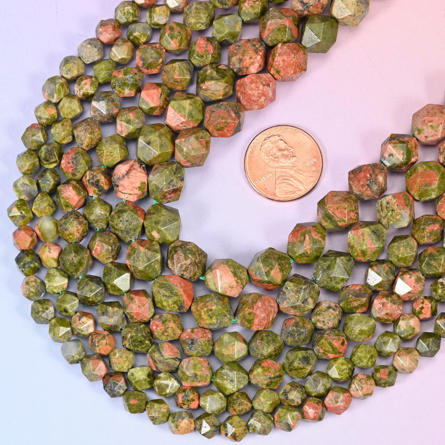 Unakite Beads: Faceted Diamond Star Cut, 6-10mm, 15.5 inch Strand
