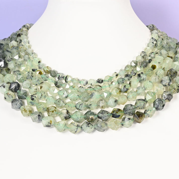 Green Prehnite Beads: Faceted Diamond Star Cut, 6-10mm, 15.5 inch Strand