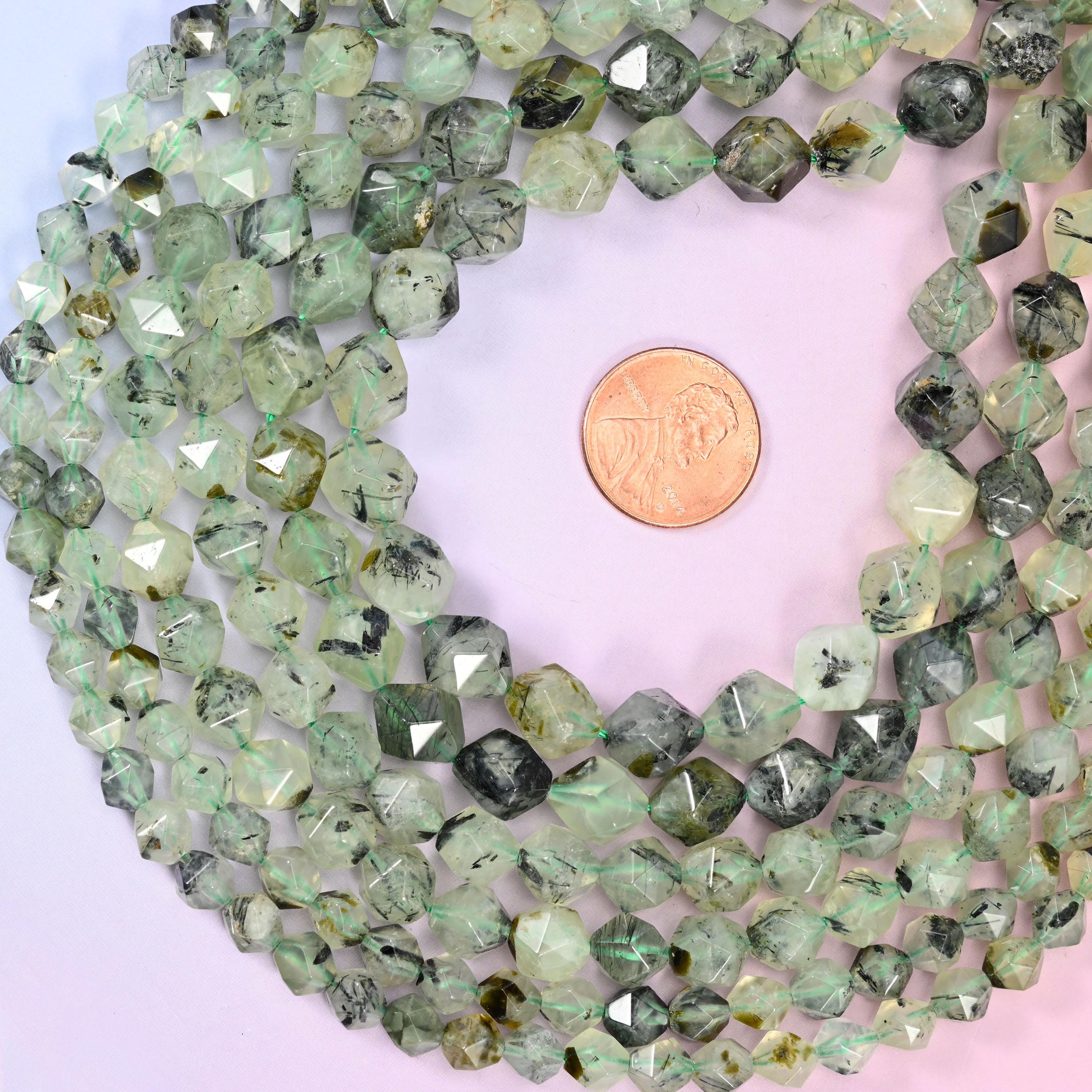 Green Prehnite Beads: Faceted Diamond Star Cut, 6-10mm, 15.5 inch Strand