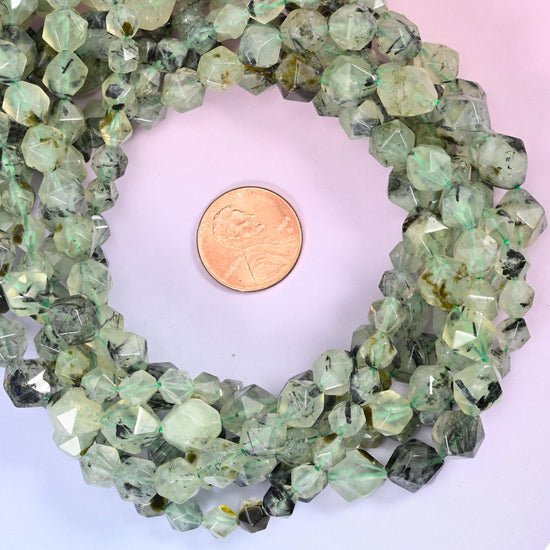 Green Prehnite Beads: Faceted Diamond Star Cut, 6-10mm, 15.5 inch Strand