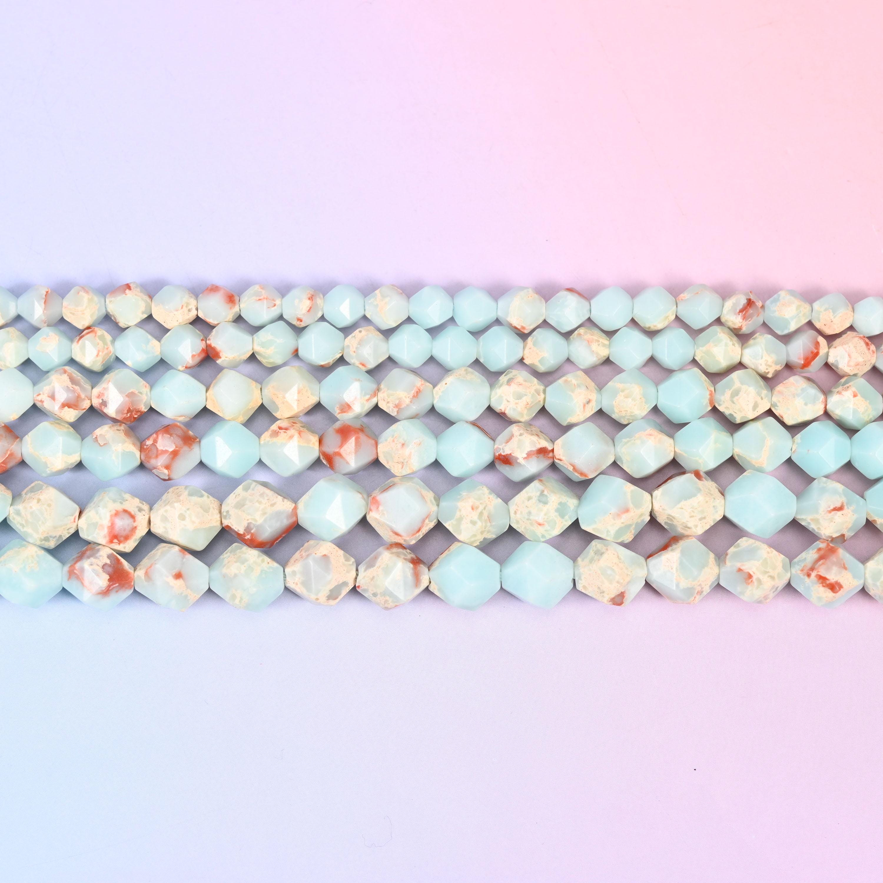Blue Shoushan Stone Beads: Faceted Diamond Star Cut, 6-10mm, 15.5 inch Strand