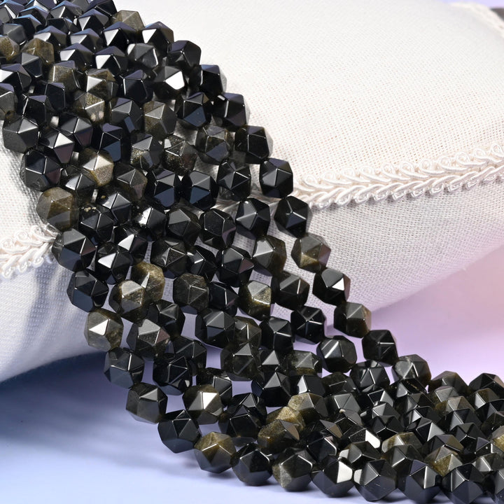 Gold Obsidian Beads: Faceted Diamond Star Cut, 6-10mm, 15.5 inch Strand
