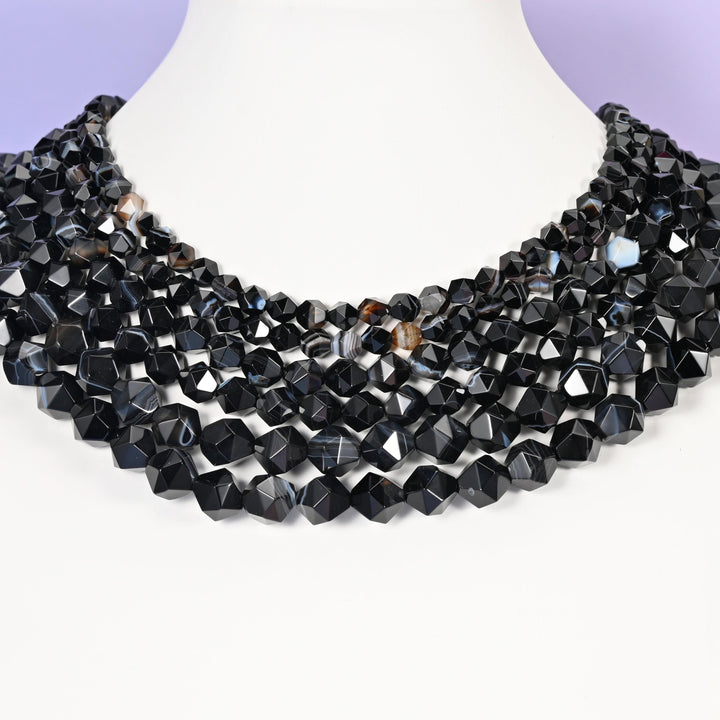 Black Strip Agate Beads: Faceted Diamond Star Cut, 6-10mm, 15.5 inch Strand