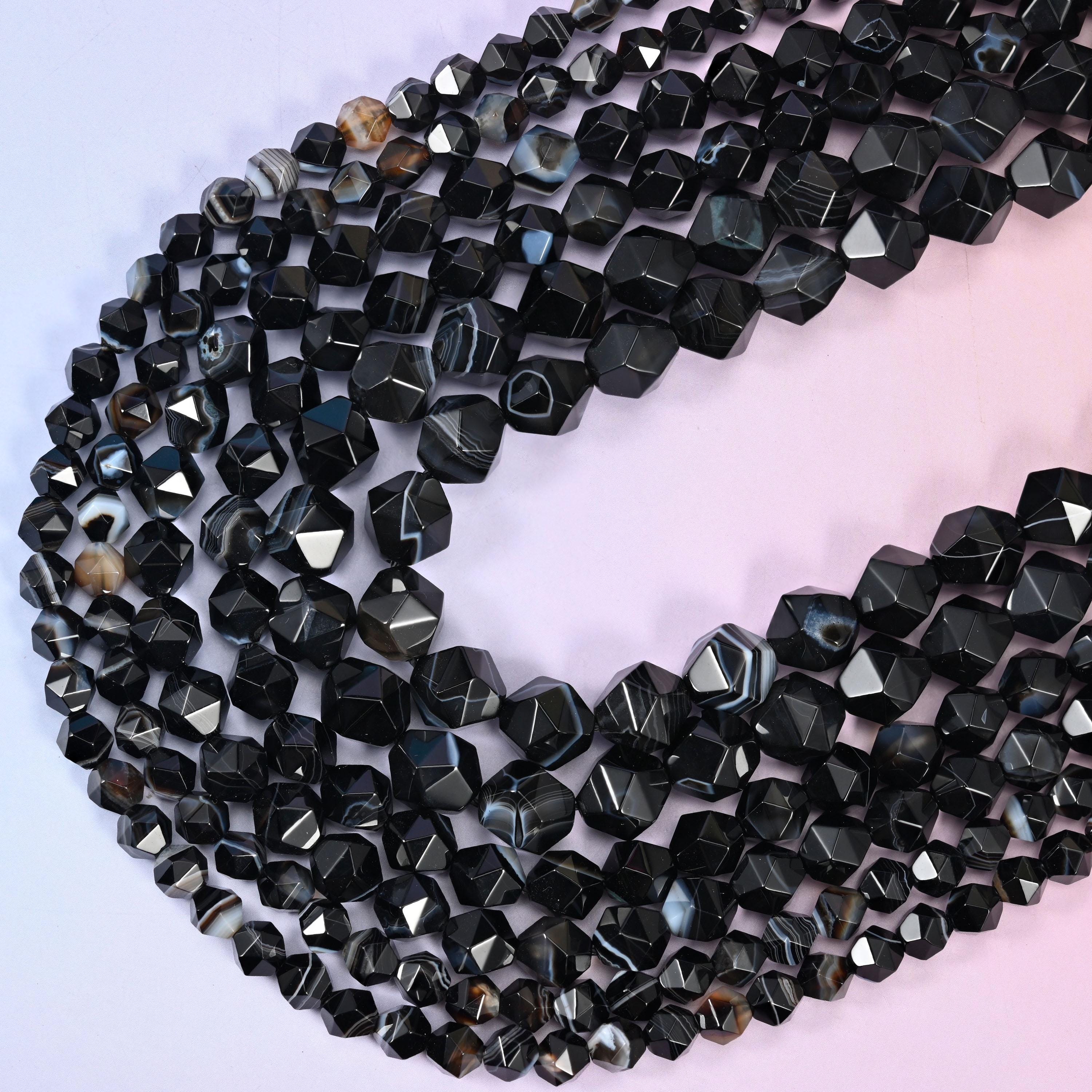 Black Strip Agate Beads: Faceted Diamond Star Cut, 6-10mm, 15.5 inch Strand