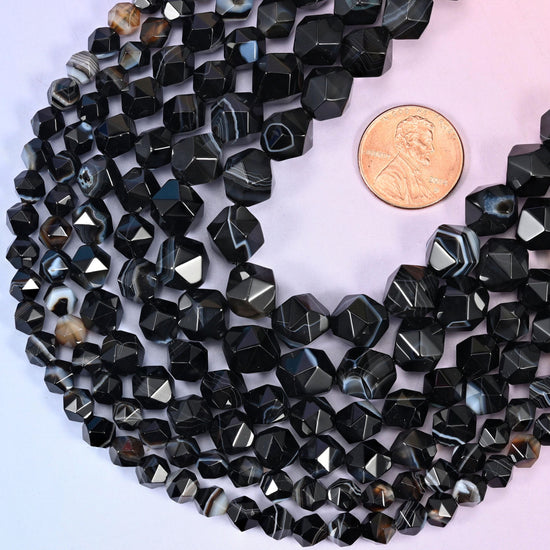 Black Strip Agate Beads: Faceted Diamond Star Cut, 6-10mm, 15.5 inch Strand