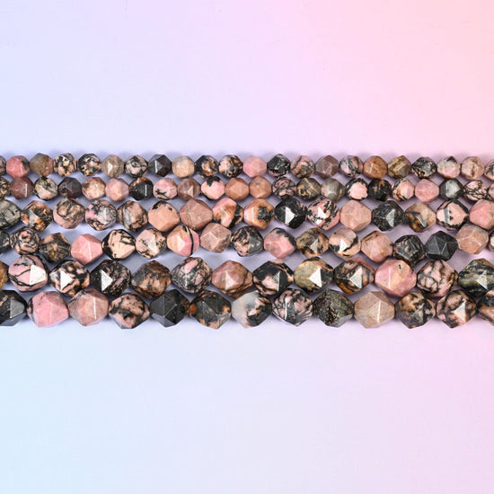 Rhodonite Beads: Faceted Diamond Star Cut, 6-10mm, 15.5 inch Strand