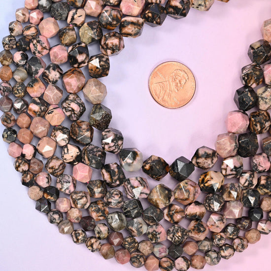 Rhodonite Beads: Faceted Diamond Star Cut, 6-10mm, 15.5 inch Strand