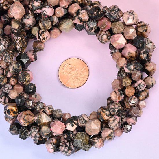 Rhodonite Beads: Faceted Diamond Star Cut, 6-10mm, 15.5 inch Strand