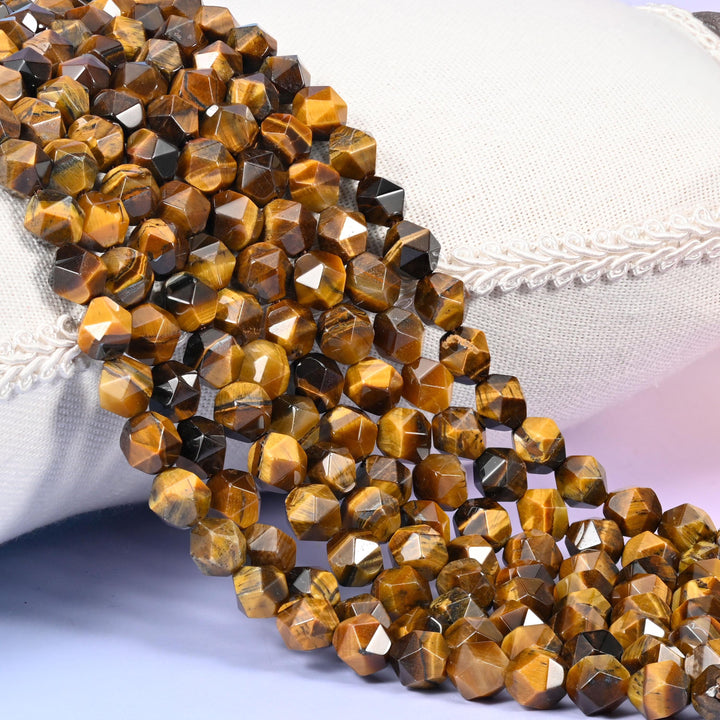 Tiger Eye Beads: Faceted Diamond Star Cut, 6-10mm, 15.5 inch Strand