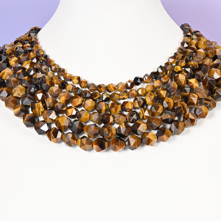 Tiger Eye Beads: Faceted Diamond Star Cut, 6-10mm, 15.5 inch Strand