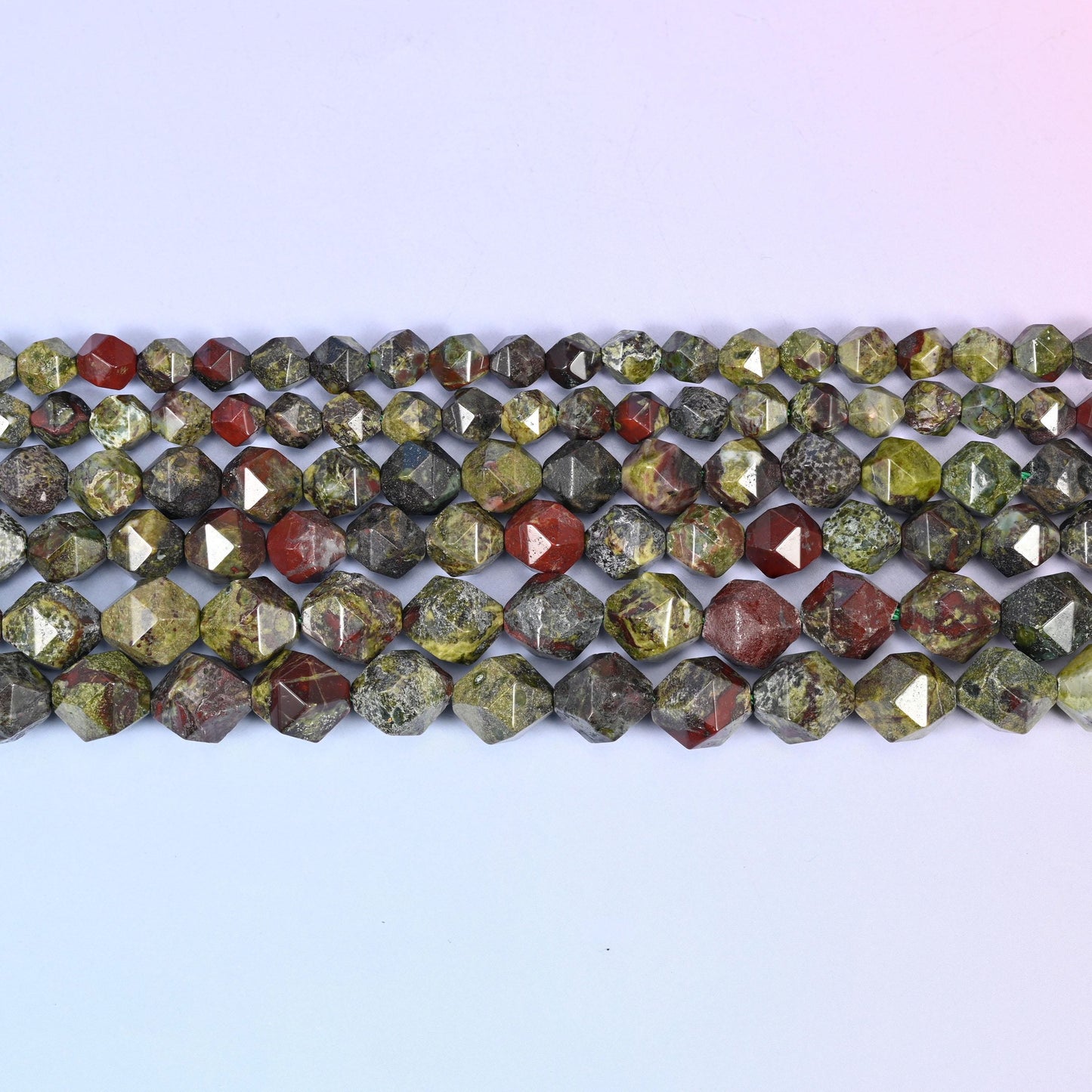 Dragon Bloodstone Beads: Faceted Diamond Star Cut, 6-10mm, 15.5 inch Strand